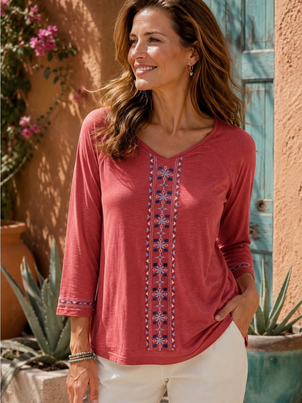 Orvis Womens Small Red Embroidered V-Neck 3/4 Sleeve Cotton Modal Slub Knit Top